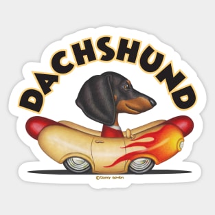 Classic car with Doxie Dog on Black Dachshund in Flamed Wiener Mobile tee Sticker